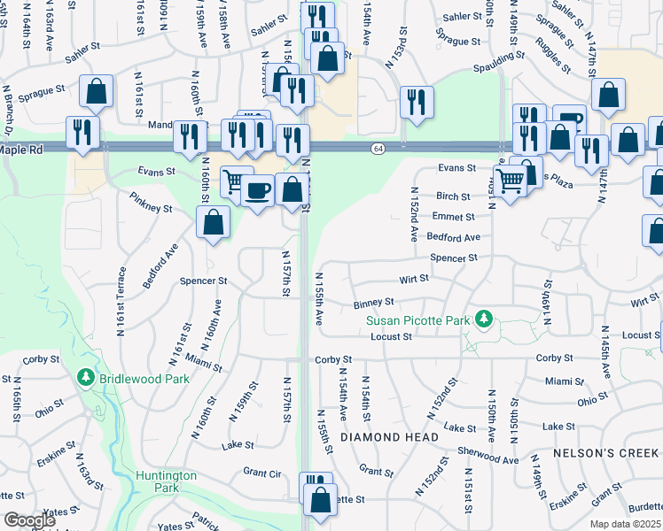map of restaurants, bars, coffee shops, grocery stores, and more near 3104 North 155th Avenue in Omaha
