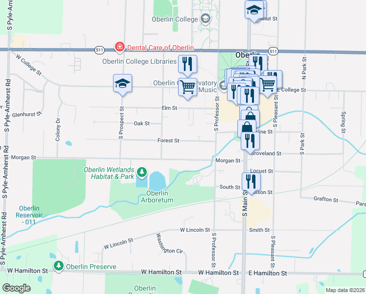 map of restaurants, bars, coffee shops, grocery stores, and more near 136 Morgan Street in Oberlin