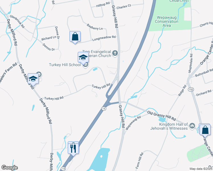 map of restaurants, bars, coffee shops, grocery stores, and more near 441 Turkey Hill Road in Orange