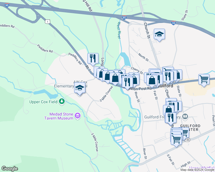 map of restaurants, bars, coffee shops, grocery stores, and more near 31 3 Mile Course in Guilford