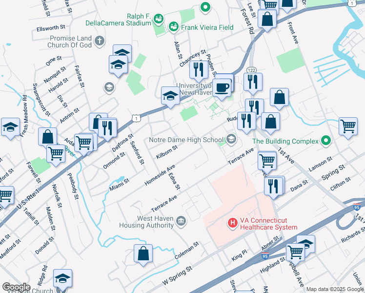 map of restaurants, bars, coffee shops, grocery stores, and more near 29 Homeside Avenue in West Haven