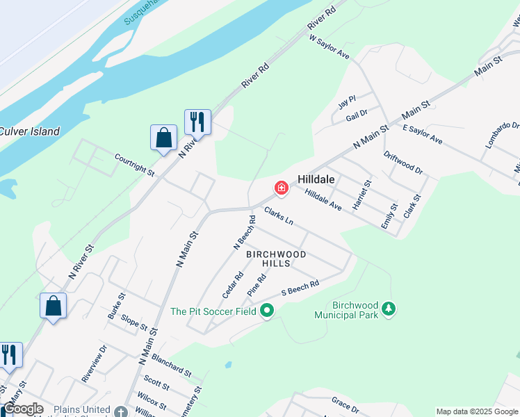 map of restaurants, bars, coffee shops, grocery stores, and more near 2 North Beech Road in Wilkes-Barre