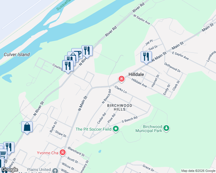 map of restaurants, bars, coffee shops, grocery stores, and more near 2 North Beech Road in Wilkes-Barre