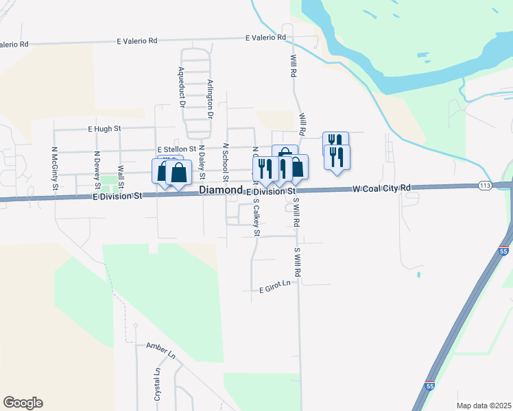 map of restaurants, bars, coffee shops, grocery stores, and more near 90 South Calkey Street in Diamond