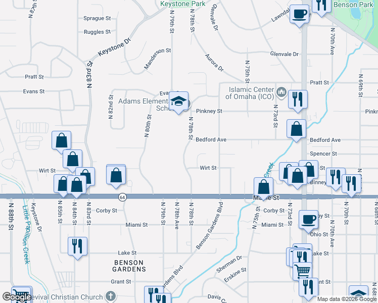 map of restaurants, bars, coffee shops, grocery stores, and more near 3133 North 77th Street in Omaha