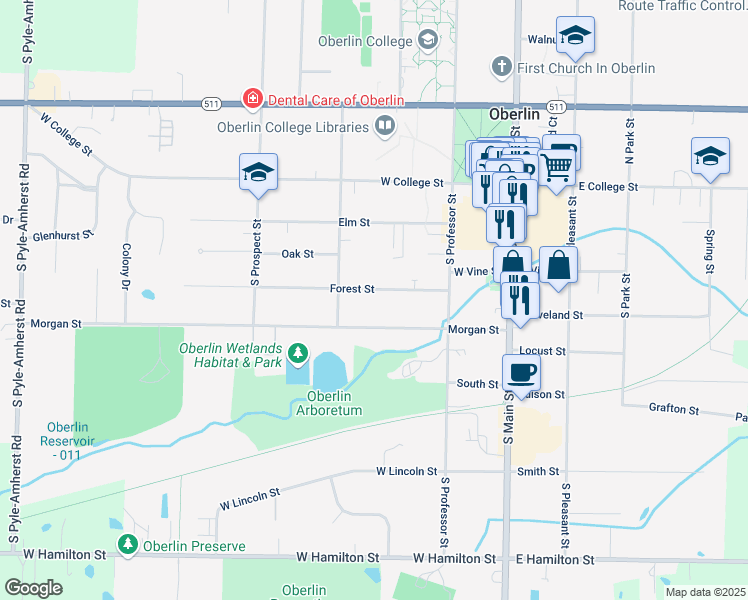 map of restaurants, bars, coffee shops, grocery stores, and more near 180 Morgan Street in Oberlin