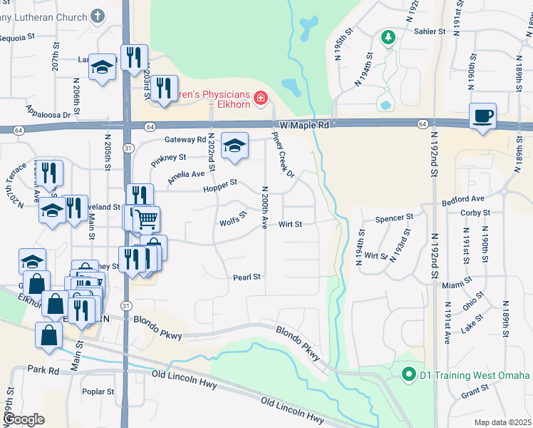 map of restaurants, bars, coffee shops, grocery stores, and more near 3102 North 200th Avenue in Omaha