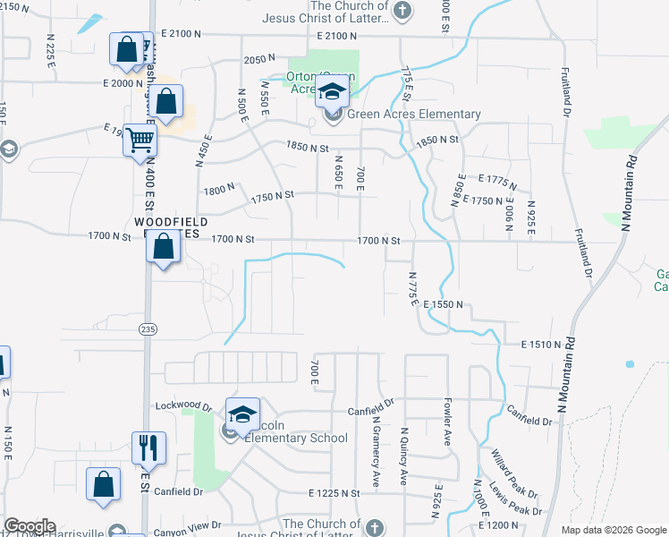 map of restaurants, bars, coffee shops, grocery stores, and more near 649 1700 North Street in Ogden