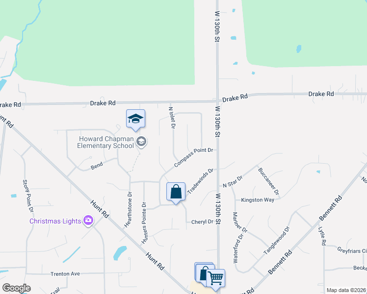 map of restaurants, bars, coffee shops, grocery stores, and more near 13259 Compass Point Drive in Strongsville