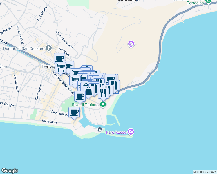 map of restaurants, bars, coffee shops, grocery stores, and more near 7 Via Guglielmo Marconi in Terracina