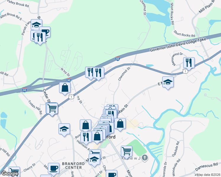 map of restaurants, bars, coffee shops, grocery stores, and more near 70 Chestnut Street in Branford