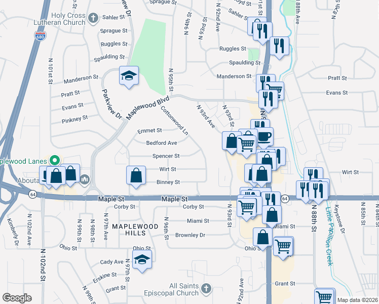 map of restaurants, bars, coffee shops, grocery stores, and more near 9477 Spencer Street in Omaha