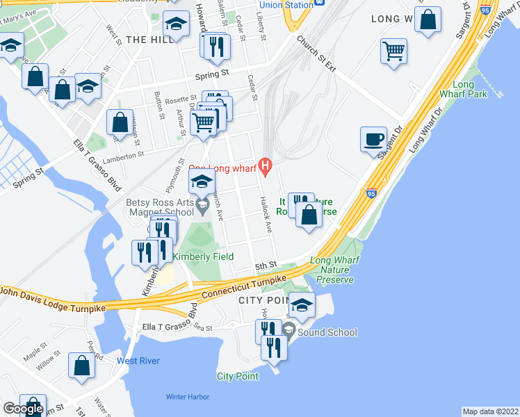map of restaurants, bars, coffee shops, grocery stores, and more near 163 Hallock Avenue in New Haven