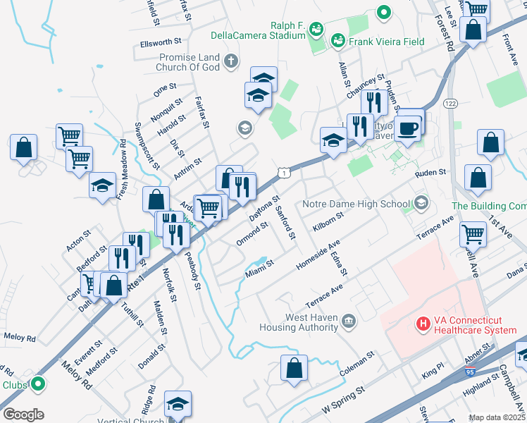 map of restaurants, bars, coffee shops, grocery stores, and more near 33 Ormond Street in West Haven