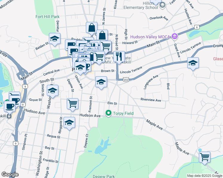 map of restaurants, bars, coffee shops, grocery stores, and more near 121 Wells Street in Peekskill
