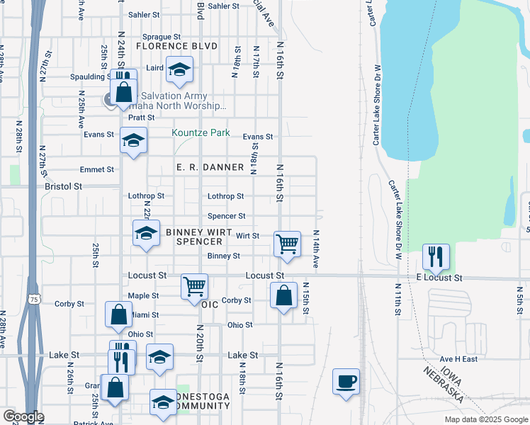 map of restaurants, bars, coffee shops, grocery stores, and more near 1623 Spencer Street in Omaha