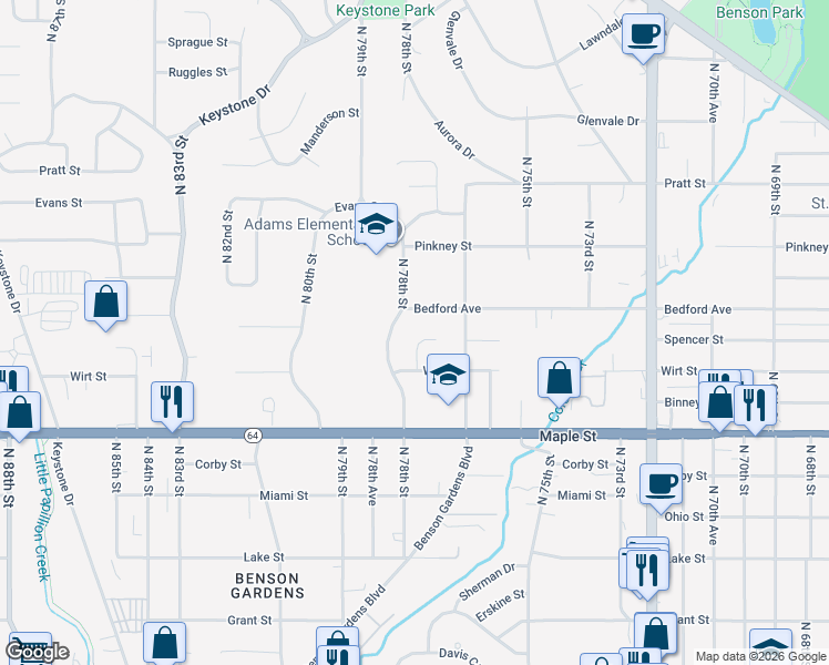 map of restaurants, bars, coffee shops, grocery stores, and more near 3133 North 77th Street in Omaha