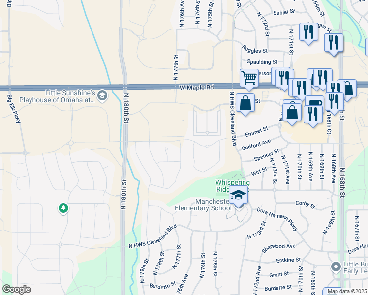 map of restaurants, bars, coffee shops, grocery stores, and more near 3122 North 176th Street in Omaha