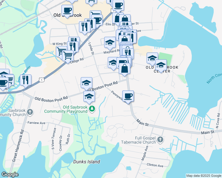 map of restaurants, bars, coffee shops, grocery stores, and more near 46 Pennywise Lane in Old Saybrook