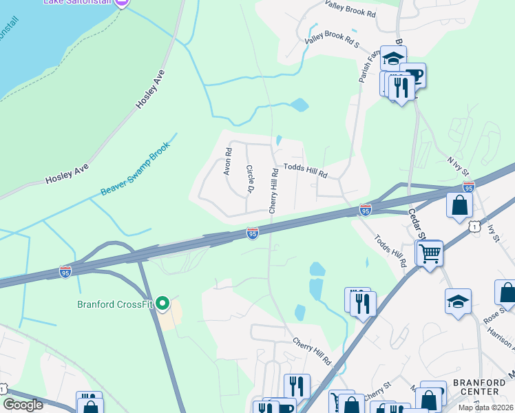 map of restaurants, bars, coffee shops, grocery stores, and more near 7 Greenfield Avenue in Branford