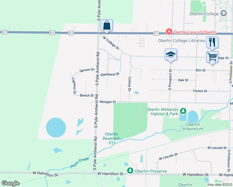 map of restaurants, bars, coffee shops, grocery stores, and more near 518 Morgan Street in Oberlin