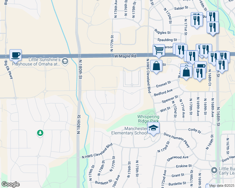map of restaurants, bars, coffee shops, grocery stores, and more near 3122 North 176th Street in Omaha