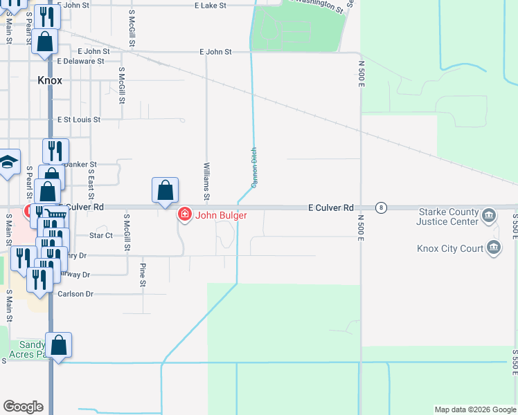 map of restaurants, bars, coffee shops, grocery stores, and more near 1102 East Culver Road in Knox