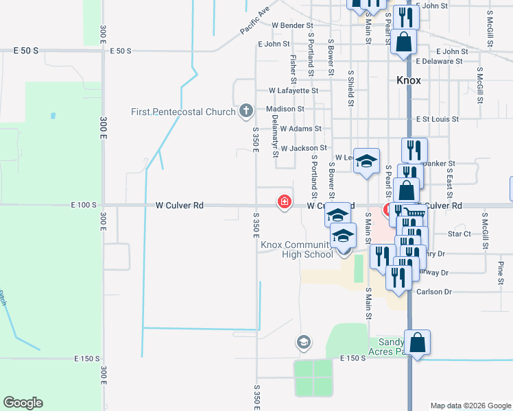 map of restaurants, bars, coffee shops, grocery stores, and more near 600 West Culver Road in Knox