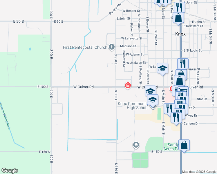 map of restaurants, bars, coffee shops, grocery stores, and more near 600-960 W Culver Rd in Knox
