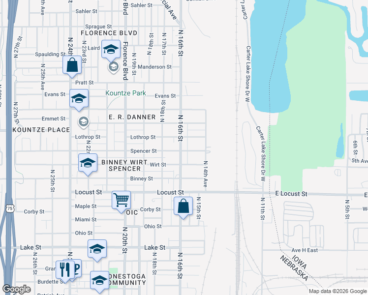 map of restaurants, bars, coffee shops, grocery stores, and more near 3115 North 16th Street in Omaha