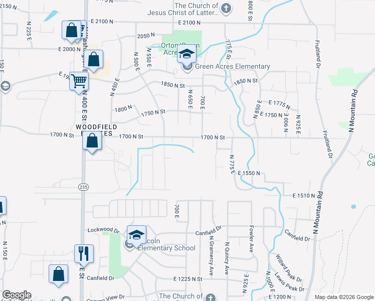 map of restaurants, bars, coffee shops, grocery stores, and more near 649 1700 North Street in Ogden