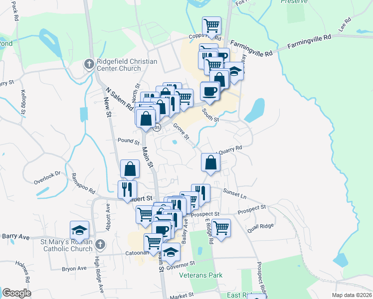 map of restaurants, bars, coffee shops, grocery stores, and more near 12 Keeler Close in Ridgefield