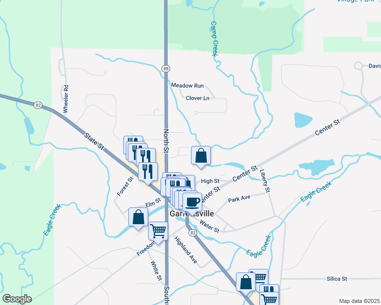 map of restaurants, bars, coffee shops, grocery stores, and more near 10860 North Street in Garrettsville