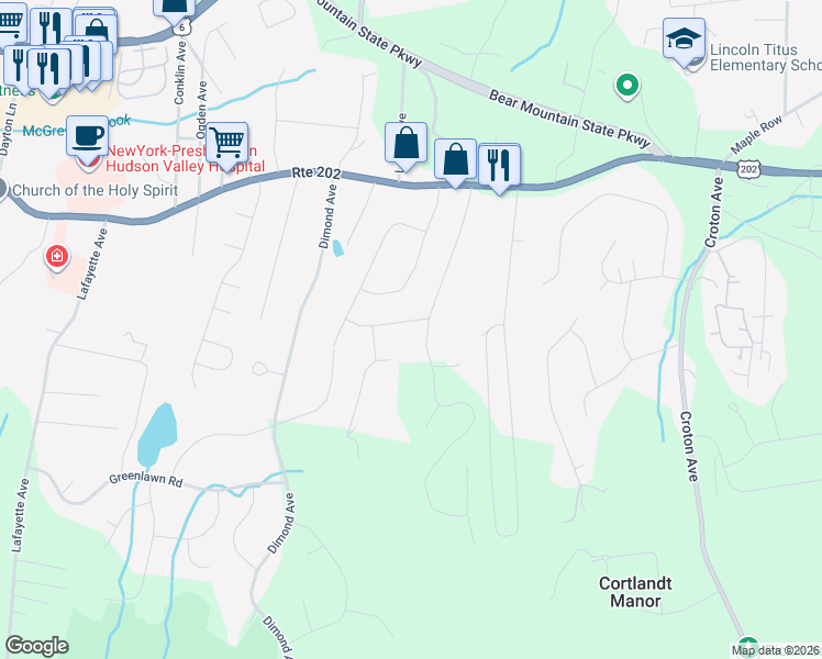 map of restaurants, bars, coffee shops, grocery stores, and more near 43 Forest Avenue in Cortlandt