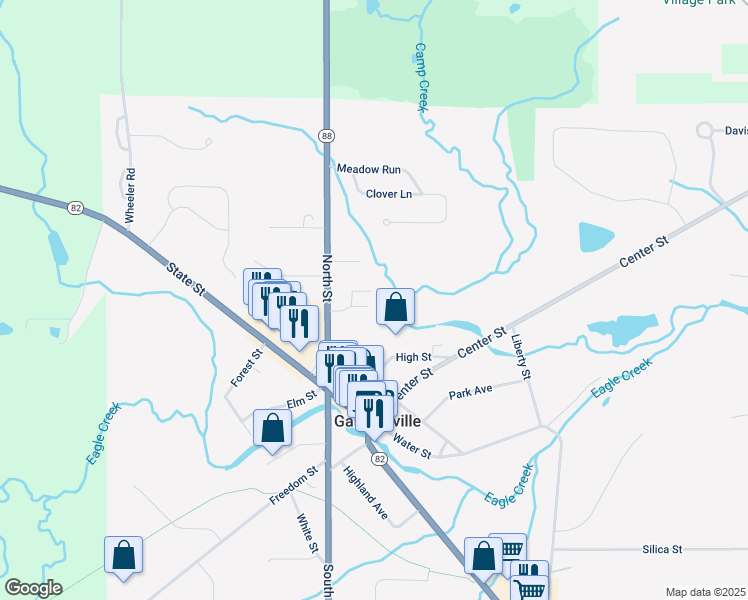 map of restaurants, bars, coffee shops, grocery stores, and more near 10860 North Street in Garrettsville
