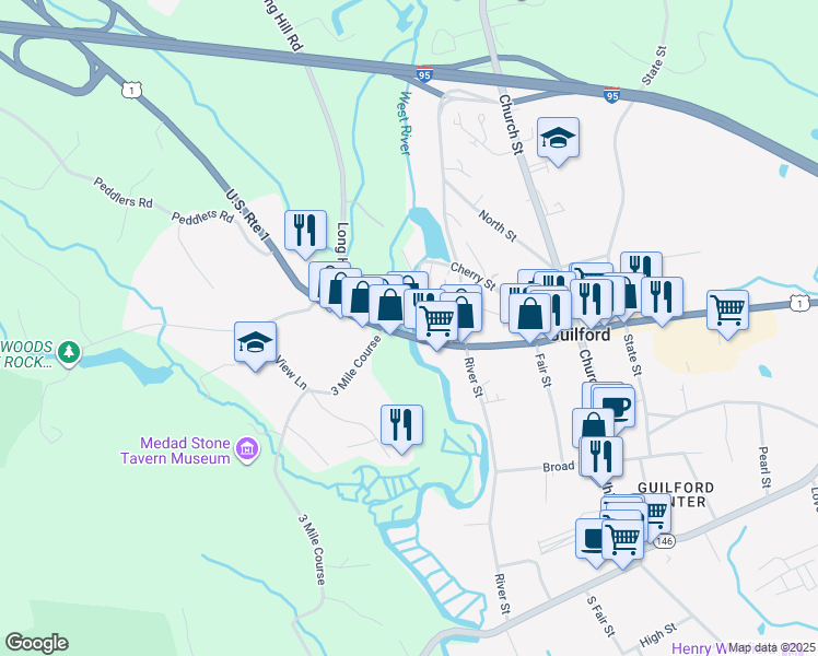 map of restaurants, bars, coffee shops, grocery stores, and more near 1200 Boston Post Road in Guilford