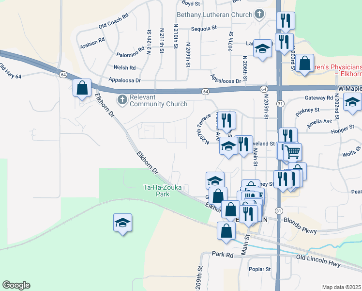 map of restaurants, bars, coffee shops, grocery stores, and more near 20907 Cleveland Street in Omaha