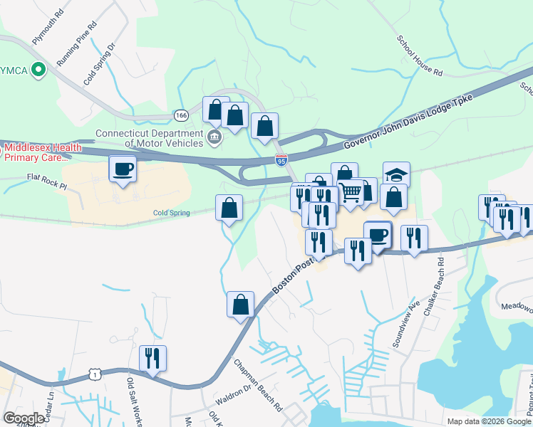 map of restaurants, bars, coffee shops, grocery stores, and more near 16 Harvey Drive in Old Saybrook