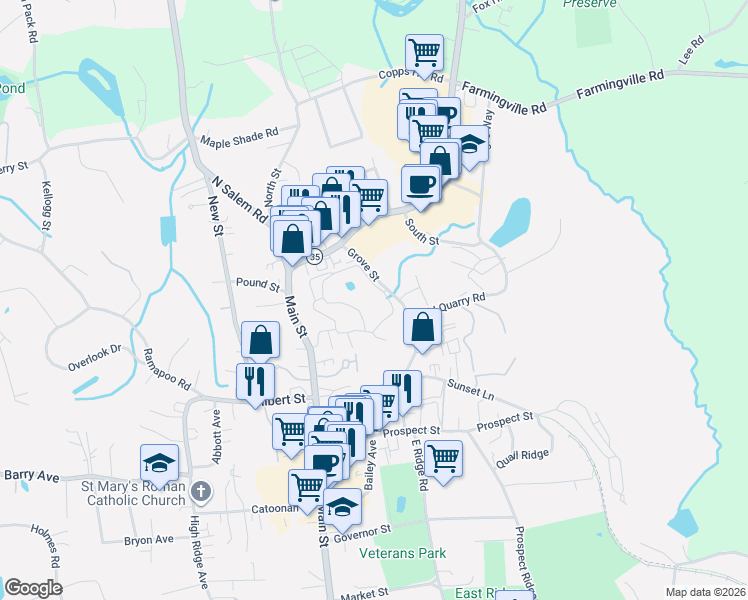 map of restaurants, bars, coffee shops, grocery stores, and more near 12 Keeler Close in Ridgefield