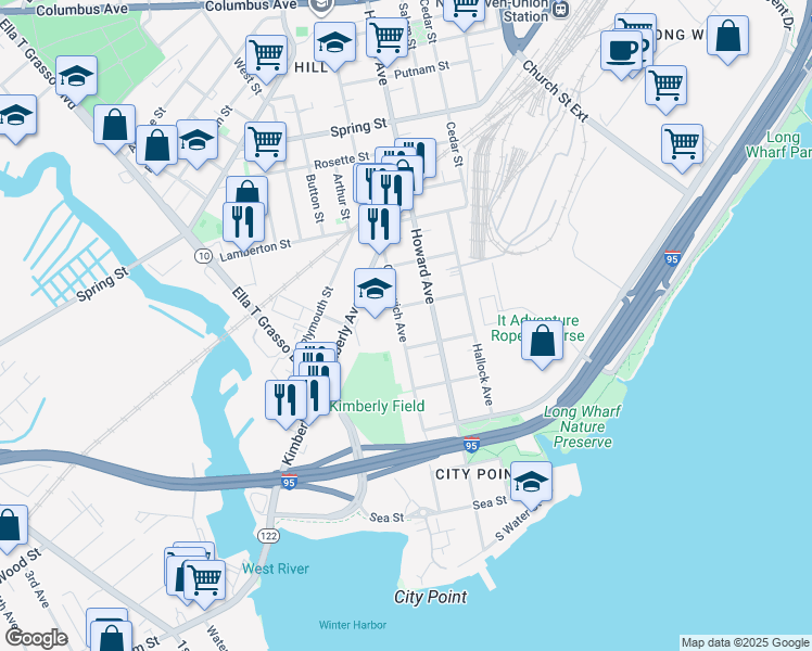 map of restaurants, bars, coffee shops, grocery stores, and more near 351 Greenwich Avenue in New Haven
