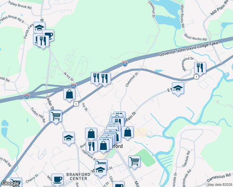 map of restaurants, bars, coffee shops, grocery stores, and more near 70 Chestnut Street in Branford