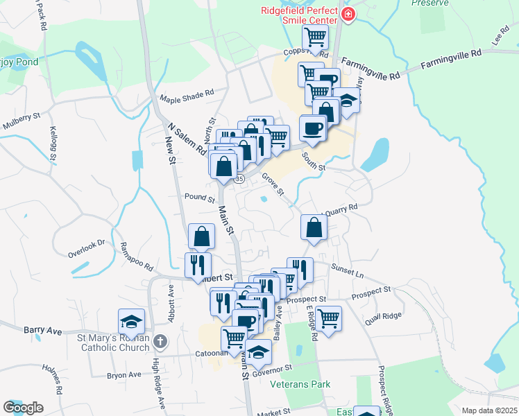 map of restaurants, bars, coffee shops, grocery stores, and more near 10 Lawson Lane in Ridgefield