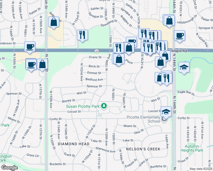 map of restaurants, bars, coffee shops, grocery stores, and more near 3116 North 150th Street in Omaha