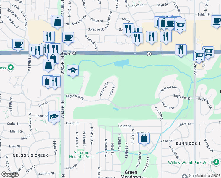 map of restaurants, bars, coffee shops, grocery stores, and more near 3323 140th Circle in Omaha