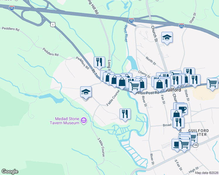map of restaurants, bars, coffee shops, grocery stores, and more near 1310 Boston Post Road in Guilford