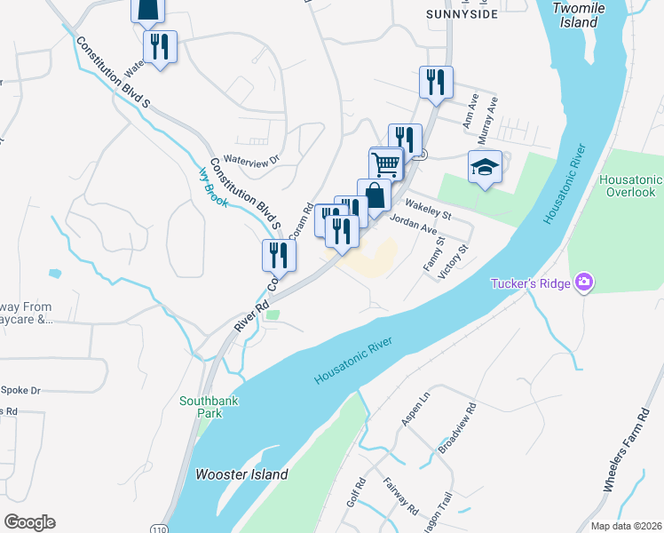 map of restaurants, bars, coffee shops, grocery stores, and more near 510 River Road in Shelton