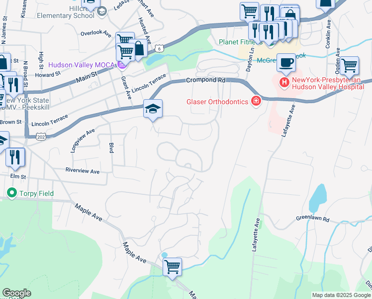 map of restaurants, bars, coffee shops, grocery stores, and more near 6 Elmwood Circle in Peekskill