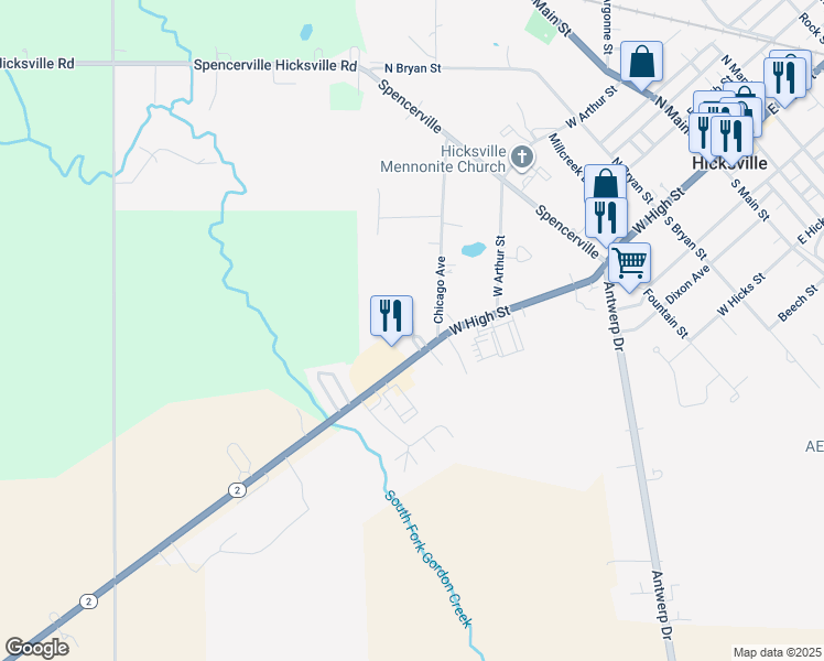 map of restaurants, bars, coffee shops, grocery stores, and more near 502 West High Street in Hicksville