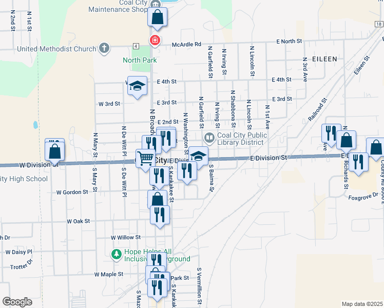 map of restaurants, bars, coffee shops, grocery stores, and more near 195 East Division Street in Coal City
