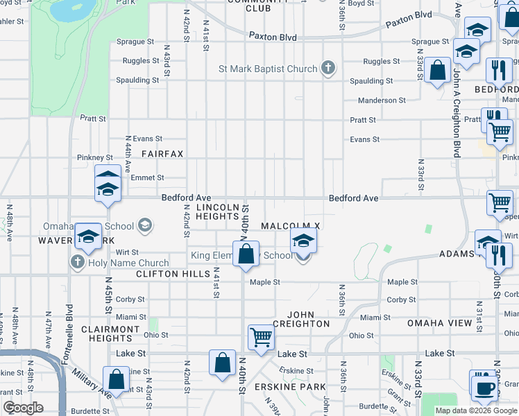 map of restaurants, bars, coffee shops, grocery stores, and more near 3912 Spencer Street in Omaha